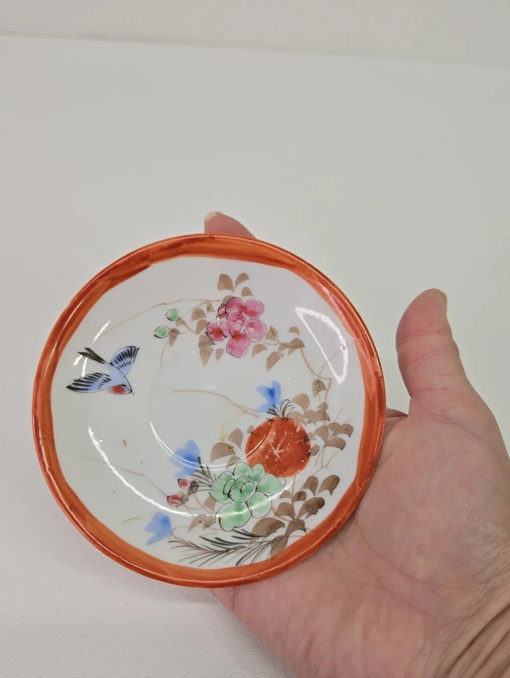 Antique Japanese Kutani Porcelain Small Dish Bird Floral Red Rim Saucer Plate